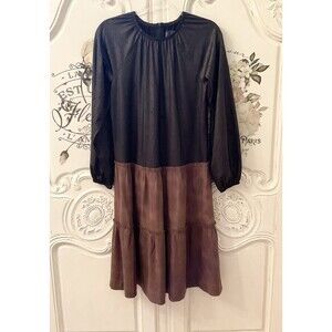 Noni Dress Women's Bust 38" Black Brown Faux Suede Leather Tiered Long Sleeve